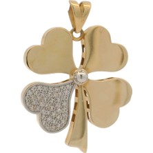 Zirkon Taş Detaylı Kalpten Yonca Figürlü Yeşil Altın Brolog Kolye Ucu