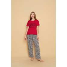 Sude Homewear Kadın Kırmızı Renk Leopar Desenli Kısa Kollu Pijama Takımı