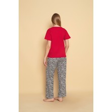Sude Homewear Kadın Kırmızı Renk Leopar Desenli Kısa Kollu Pijama Takımı