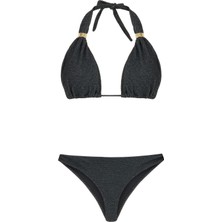 Aquella Gümüş Simli Dokulu Siyah Uzun Üçgen Bikini Takım