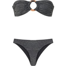 Aquella Halka Toka Aksesuarlı Simli Siyah Straplez Bikini