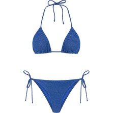 Aquella Gümüş Simli Saks Mavi Arkası Büzgülü Bikini Takım