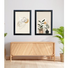 Kadın Boho Art&boho Vazo Soyut 2'li Çerçeveli Camlı  Tablo 23.5 x 33,5