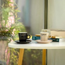 Espresso Fincan Seti 2'li 4 Parça Kahverengi Seramik Siyah Bej Oluklu Tabaklı 80ML - 2 Adet.