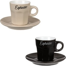 Espresso Fincan Seti 2'li 4 Parça Kahverengi Seramik Siyah Bej Oluklu Tabaklı 80ML - 2 Adet.