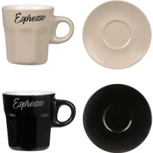 Espresso Fincan Seti 2'li 4 Parça Kahverengi Seramik Siyah Bej Oluklu Tabaklı 80ML - 2 Adet.