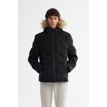 AVVA Erkek Siyah Kapüşonlu %100 Kaz Tüyü Su İtici Rüzgar Geçirmez  Comfort Fit Şişme Mont A42Y6010