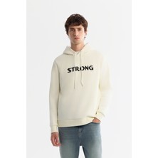 AVVA Erkek Ekru Kapüşonlu 3 İplik Şardonlu Baskılı Regular Fit Sweatshirt A42Y1222