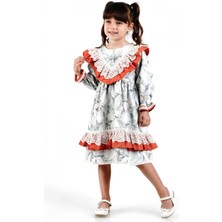 Miniğimin Cicileri Desenli Yaka Güpürlü Fistolu Kız Çocuk elbise - Kiremit