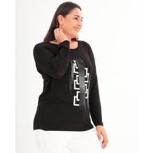 Kısmet Sepeti Kadın Siyah Beyaz Taşlı Yuvarlak Yaka Reglan Kol Siyah Bluz
