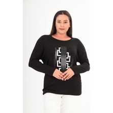 Kısmet Sepeti Kadın Siyah Beyaz Taşlı Yuvarlak Yaka Reglan Kol Siyah Bluz