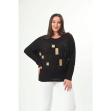 Kısmet Sepeti Kadın Gold Taşlı Yuvarlak Yaka Reglan Kol Siyah Bluz