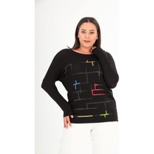 Kısmet Sepeti Kadın Renkli Taşlı Yuvarlak Yaka Reglan Kol Siyah Bluz