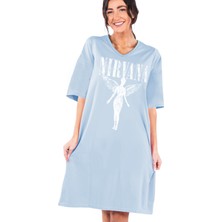 Rock&Roll Melekli Nirvana Açık Mavi V Yaka Yarım Kol Diz Boy Ev Elbisesi Gecelik