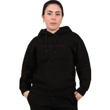FourSolos Siyah Kadın Hoodie, Kanguru Cepli, Kapüşonlu, 3 Iplik Kumaş