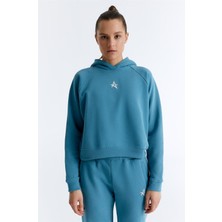 ED7739-07 Coach Crop Kadın Kapüşonlu Sweatshirt'ü Petrol Mavisi