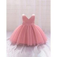 Madya Butik Pudra Kız Bebek Anvelop Mini Elbise Abiye Doğum Günü İçin Rahat Silüet Fiyonk Detaylı