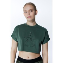 IXAURA ED2307-01 Victoria Crop Pamuk Modal Genç Kız ve Kadın Tişört Haki