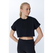 ED2307-02 Victoria Crop Pamuk Modal Genç Kız ve Kadın Tişört Siyah