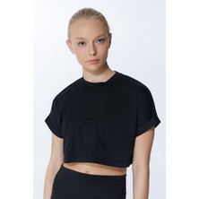 ED2307-02 Victoria Crop Pamuk Modal Genç Kız ve Kadın Tişört Siyah