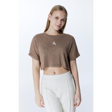 ED2307-03 Victoria Crop Viskon Keten Genç Kız ve Kadın  Tişört Kahve Bej