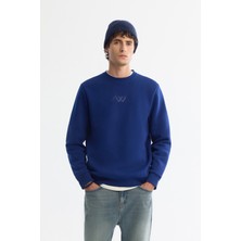 AVVA Erkek Saks Bisiklet Yaka Pamuklu Şardonlu Baskılı Regular Fit Sweatshirt B001033