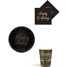 Doğum Günü,  Happy Birthday Tabak, Bardak ve Peçete Seti Siyah Renk
