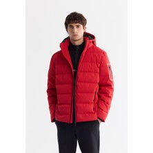 AVVA Erkek Kırmızı Kapüşonlu %100 Kaz Tüyü Su İtici Rüzgar Geçirmez Termometreli Comfort Fit Şişme Mont A42Y6157