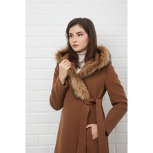 Concept Yandan Bağlamalı Çıtçıt Kapamalı Kapşonu Kürklü Kaban Taba 3697