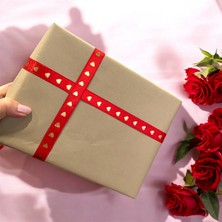 HUR-AY PACK Gold Kalp Baskılı Kırmızı Saten Şerit Kurdele, 1.5  cm  Saten Kurdele,  3 Metre