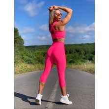 Neon Pembe Ekstra Yüksek Bel Toparlayıcı Spor Kapri Tayt