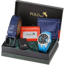 Polo Air Erkek Set Kombin Kemer Cüzdan Kartlık Çakmak Kol Saati Hediyelik Kutusunda Lacivert Set PL-0974E2