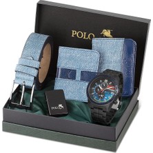Erkek Set Kombin Kemer Cüzdan Kartlık Çakmak Kol Saati Hediyelik Kutusunda Lacivert Set PL-0972E2
