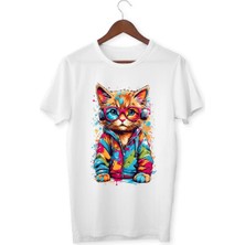 Alpşan Ticaret Kedi Baskılı Tişört Kedicik Çocuk Yetişkin Beyaz T-Shirt  Çocuk Tişört