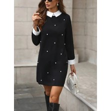 Kadın Uzun Kollu Yakalı Incili Ithal Krep Elbise