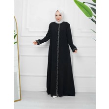 Efelif Tesettür Siyah Boydan Çiçek Işlemeli Nakışlı Fermuarlı Büyük Beden Ferace