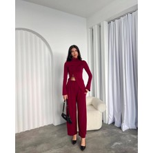Meros Atelier Bordo Renk Büzgülü Bağcıklı Bluz Pantolon Kadın Alt Üst Ikili Takım