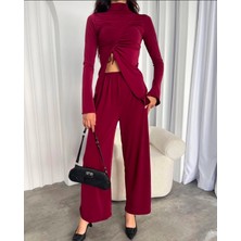 Meros Atelier Bordo Renk Büzgülü Bağcıklı Bluz Pantolon Kadın Alt Üst Ikili Takım