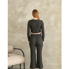 Meros Atelier Kadın Fitilli Büzgülü Bağlama Detaylı Crop Pantolon Takım