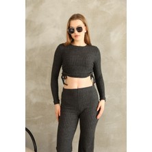 Meros Atelier Kadın Fitilli Büzgülü Bağlama Detaylı Crop Pantolon Takım