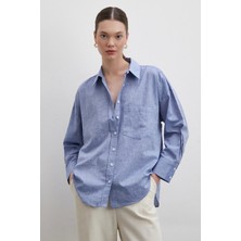 Never More Denim Görünümlü Keten Gömlek Mavi