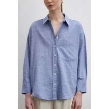 Never More Denim Görünümlü Keten Gömlek Mavi