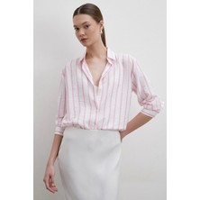 Never More V Yaka Çizgili Modal Gömlek Pembe