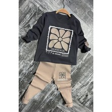 Miniğimin Cicileri Çerçeveli Çiçek Desen  Fitilli Kız Çocuk taytlı takım - Bej