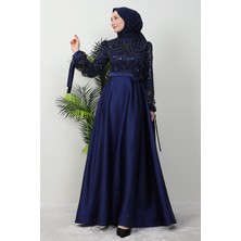 Gül Kemerli Abiye Lacivert