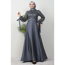 Gül Kemerli Abiye Koyu Gri
