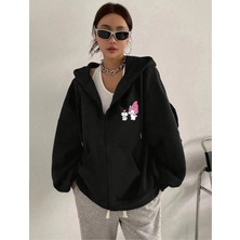 Hello Kitty Kuromi Baskılı Kapüşonlu Kanguru Cepli Oversize Mevsimlik Fermuarlı Sweatshirt /hırka