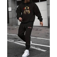 Erkek Hip Hop Baskılı Alt Üst Siyah Gri Kapşonlu Eşofman Takımı Oversize Boyfirend