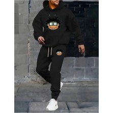 Erkek Hip Hop Baskılı Alt Üst Siyah Gri Kapşonlu Eşofman Takımı Oversize Boyfirend