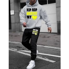 Erkek Hip Hop Baskılı Alt Üst Siyah Gri Kapşonlu Eşofman Takımı Oversize Boyfirend